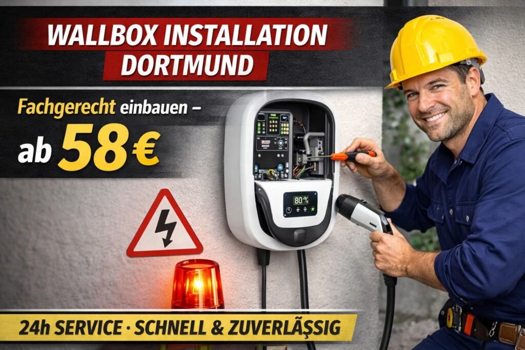 Die Kosten beginnen in der Regel ab 58 €, abhängig vom Aufwand. Für wallbox installation kosten dortmund prüfen wir vorab Zählerplatz, Leitungslänge und Schutzorgane und nennen danach einen festen Rahmen für Material, Messungen und Dokumentation.