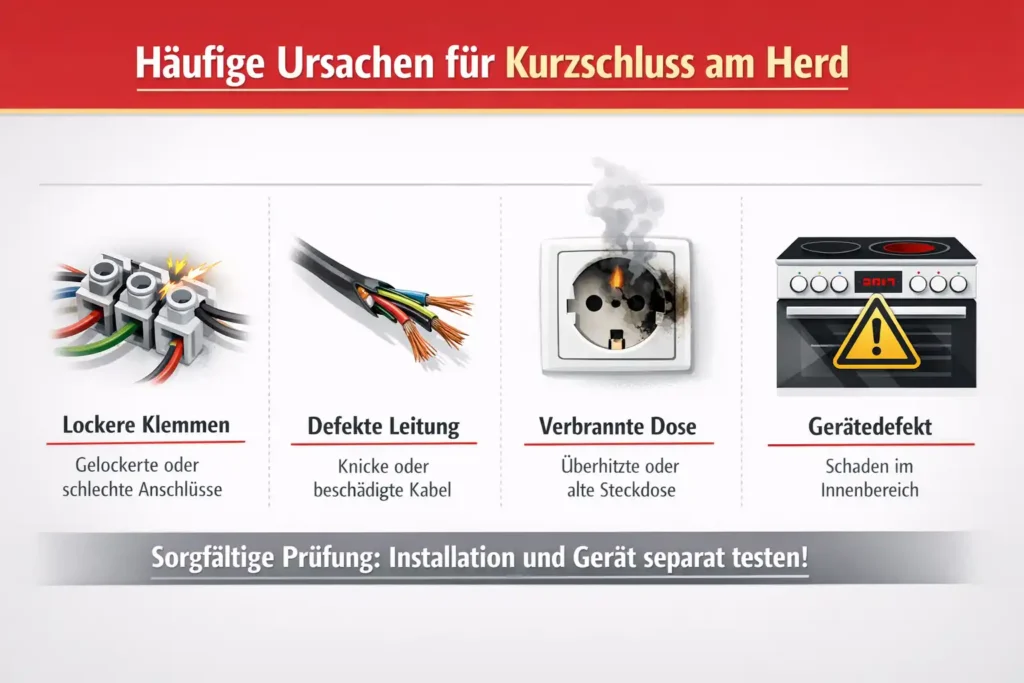 Häufige Ursachen für Kurzschluss Herd: Klemmen, Leitung, Dose, Gerätedefekt