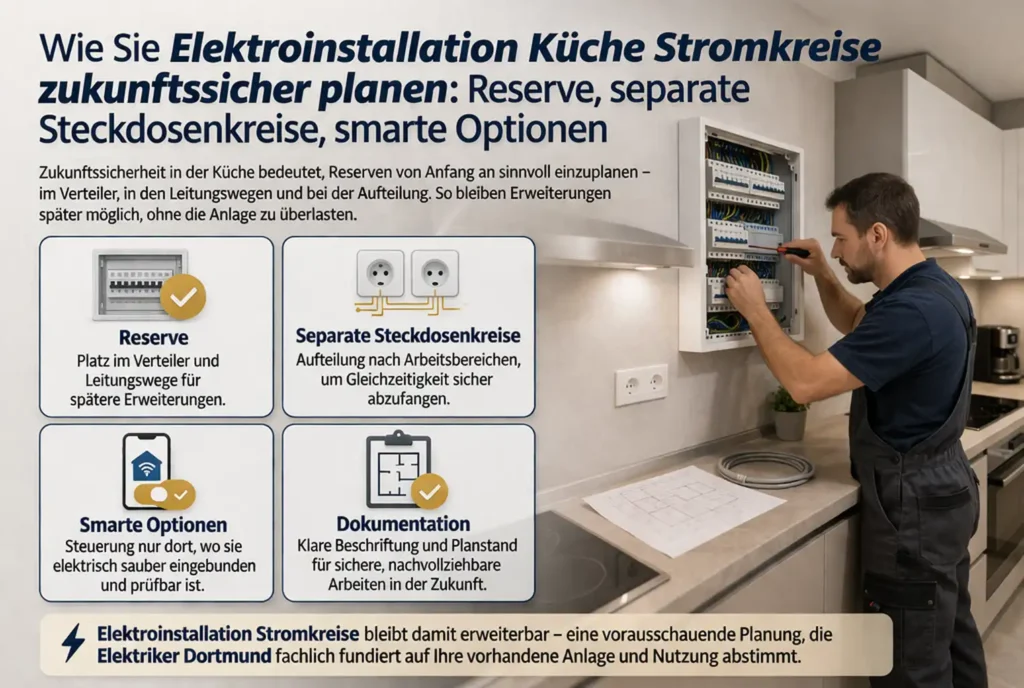 Wie Sie Elektroinstallation Küche Stromkreise zukunftssicher planen: Reserve, separate Steckdosenkreise, smarte Optionen