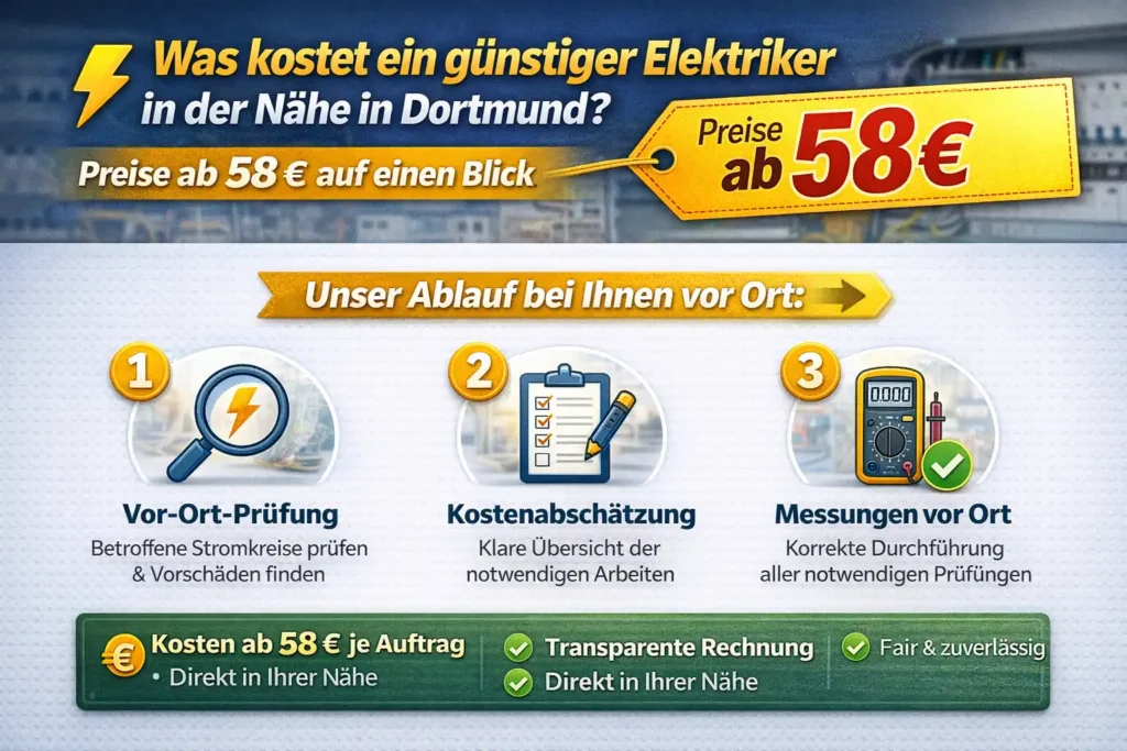 Was kostet ein günstiger Elektriker in der Nähe in Dortmund? Preise ab 58 € auf einen Blick