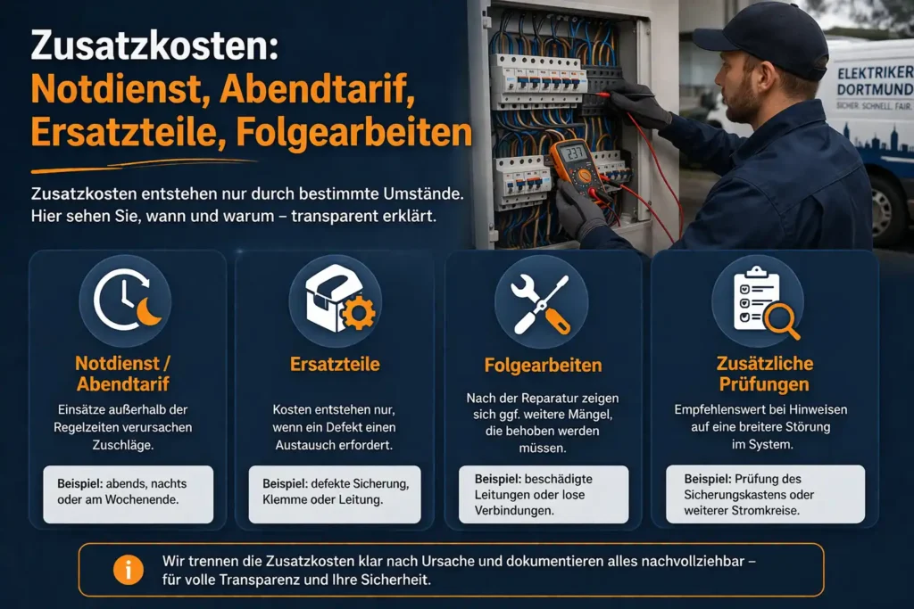 Zusatzkosten: Notdienst, Abendtarif, Ersatzteile, Folgearbeiten
