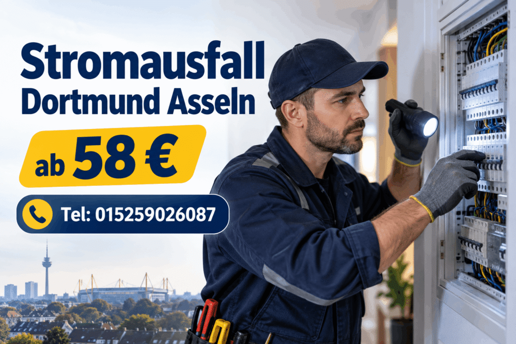 Elektriker prüft einen Sicherungskasten nach einem Stromausfall in Dortmund Asseln