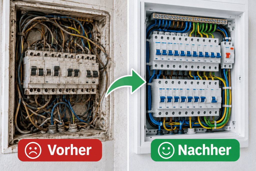 Vorher-Nachher Vergleich einer Elektroinstallation nach einem Stromausfall in Dortmund Asseln