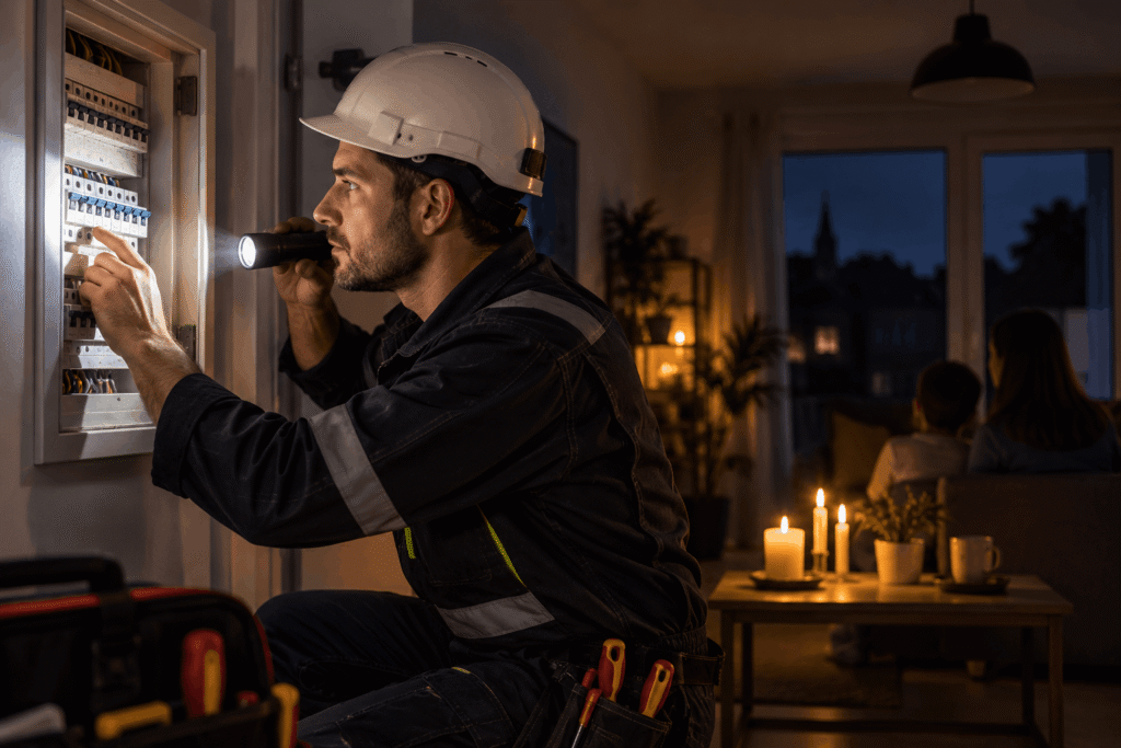 Elektriker bei der Reparatur eines Stromausfalls in Dortmund Innenstadt